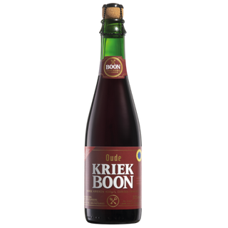 Bottle of Oude Kriek Boon beer on a white background