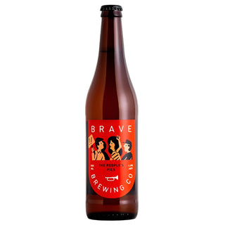 Brown beer bottle with a red label featuring illustrations and text on a white background