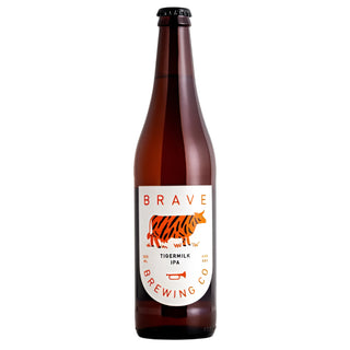 Bottle of Brave Brewing Co. Tigermilk IPA on a white background