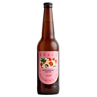 Brown beer bottle with a pink label featuring fruit illustrations on a white background