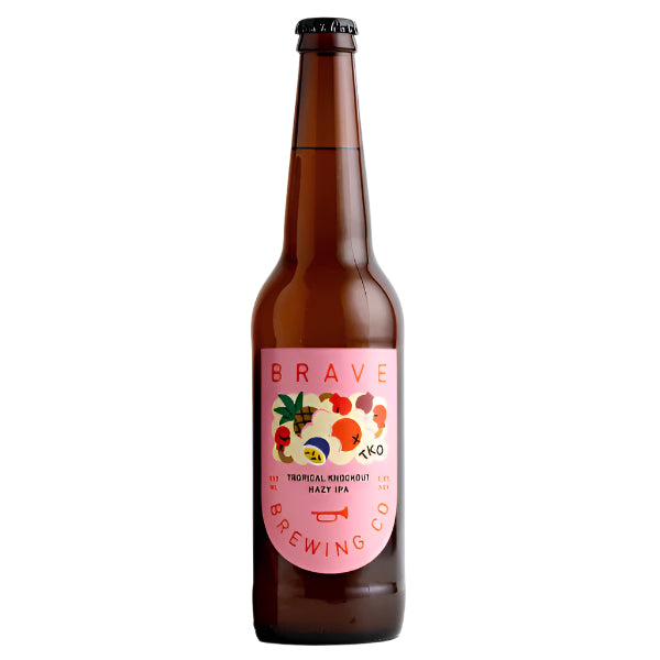 Brown beer bottle with a pink label featuring fruit illustrations on a white background