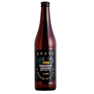 A bottle of Brave Brewing Terrible Lizards West Coast IPA with a label that includes the name and logo of the brewing company.