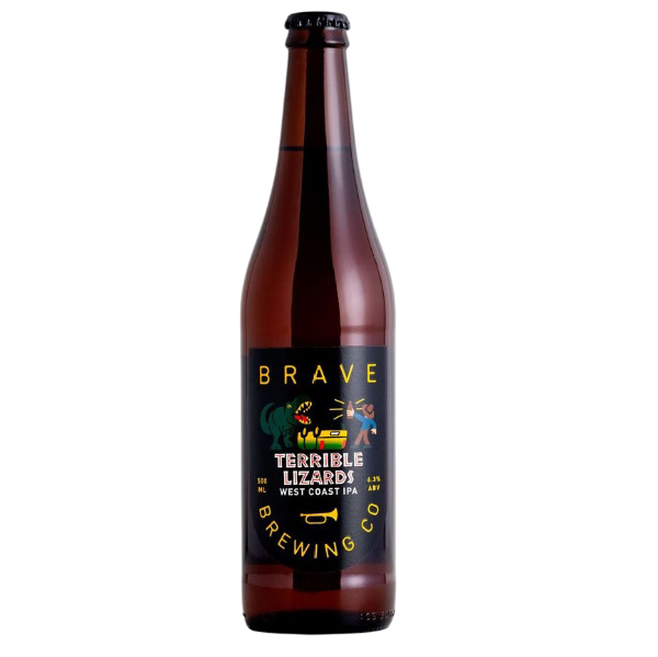 A bottle of Brave Brewing Terrible Lizards West Coast IPA with a label that includes the name and logo of the brewing company.