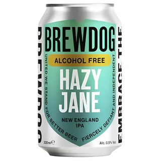 A can of Brewdog Hazy Jane non-alcoholic IPA with a turquoise label stating 'Alcohol Free' and the product name 'Hazy Jane'. The can indicates a volume of 330ml and an alcohol by volume (ABV) of 0.