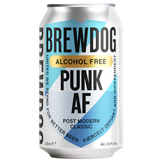 A can of Brewdog Punk AF Alcohol Free IPA with tropical fruit and pine note graphics on the label.