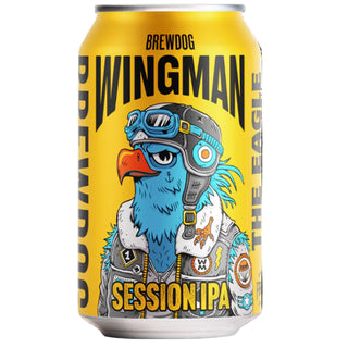 BrewDog Wingman Session IPA can with a colorful eagle design on a yellow background