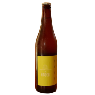 Brown bottle with a yellow label on a white background