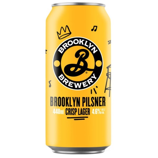 Yellow can of Brooklyn Brewery Brooklyn Pilsner on a white background