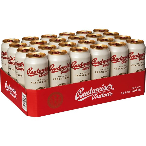 Pack of Budweiser Cudvár beer cans in a red box on a white background