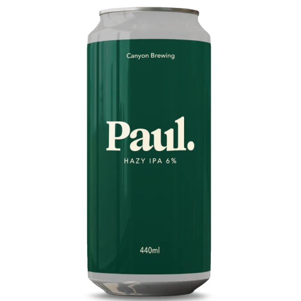Green can of Canyon Brewing Paul Hazy IPA with white text on a white background