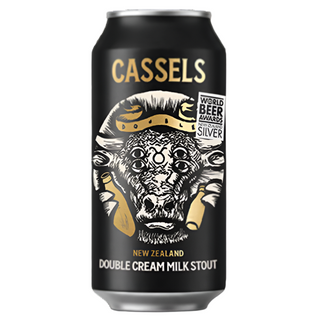 Cassels beer can with black and gold design on a white background