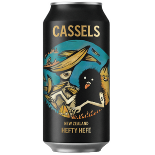 Cassels New Zealand Hefty Hefe beer can with artistic design on a white background