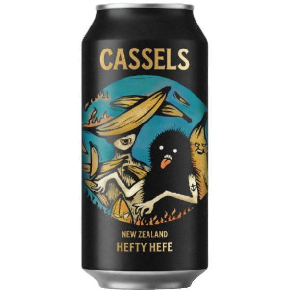 Cassels New Zealand Hefty Hefe beer can with artistic design on a white background