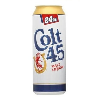 A can of Colt 45 Malt Liquor with a white, blue, and gold color scheme.