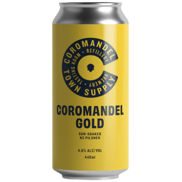 Can of Coromandel Gold beer with yellow label and silver top on white background