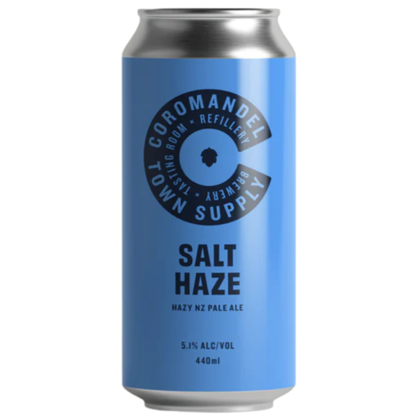 Blue can of 'Salt Haze' beer with branding on a white background