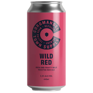 Pink can of 'Wild Red' beer with 'Coromandel Peninsula Town Supply' branding on a white background