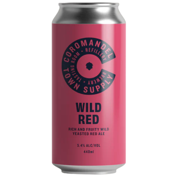 Pink can of 'Wild Red' beer with 'Coromandel Peninsula Town Supply' branding on a white background