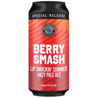 Beer can labeled 'Berry Smash' with red and black design on a white background