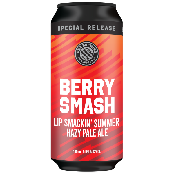 Beer can labeled 'Berry Smash' with red and black design on a white background