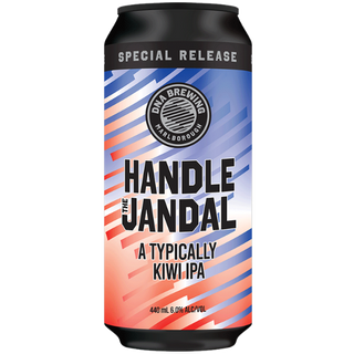 Beer can with 'Handle the Jandal' branding on a white background