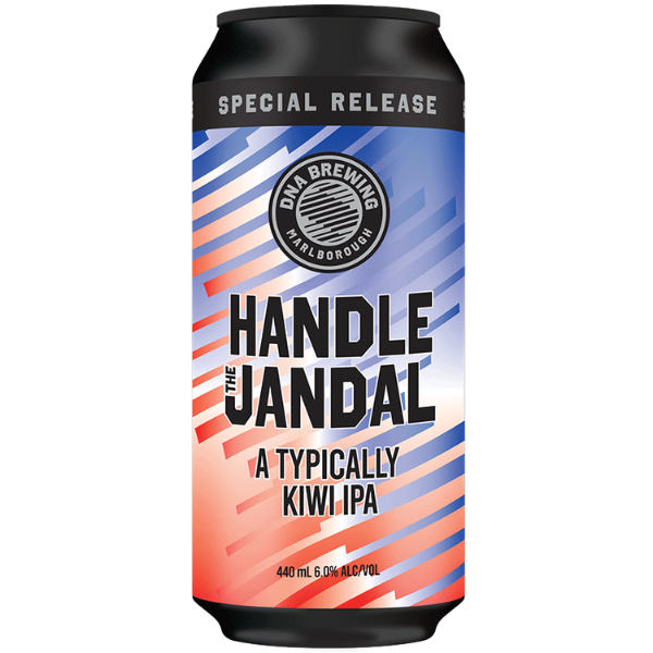 Beer can with 'Handle the Jandal' branding on a white background