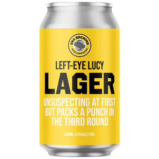 A can of DNA Brewing Left Eye Lucy Lager with a yellow label, indicating a 330ml volume and a 3.9% ABV.