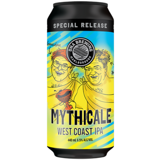 Can of Mythicale West Coast IPA with artistic illustrations on a white background