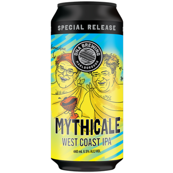 Can of Mythicale West Coast IPA with artistic illustrations on a white background