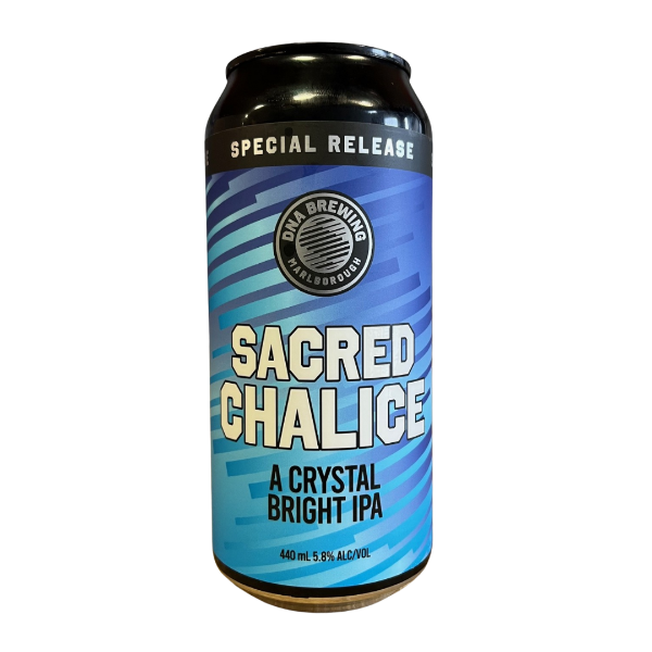 Beer can labeled 'Sacred Chalice' from LVA Brewing on a white background