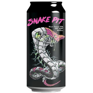 Snake Pit Hazy Triple IPA can with pink and white text on a black background