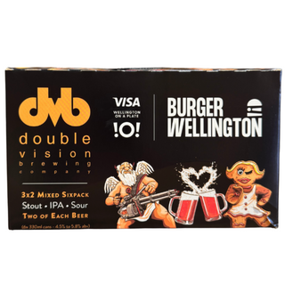 Double Vision Brewing Company beer box with cartoon characters and Visa logo