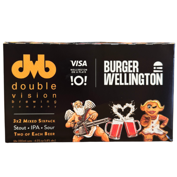 Double Vision Brewing Company beer box with cartoon characters and Visa logo