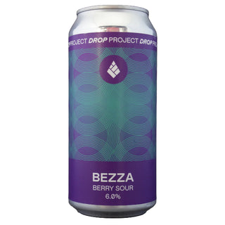 Beer can labeled 'BEZZA Berry Sour' by Project Drop on a dark background
