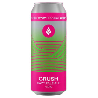 Beer can labeled 'CRUSH' on a pink and green background