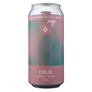 Can of Crux Vienna Lager with geometric design on a dark background