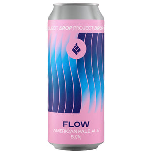 Canned drink with 'Flow' branding on a two-tone pink and blue background