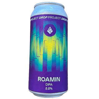 Can of Roamin DIPA with colorful design on a white background