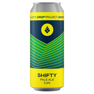 Beer can labeled 'Shifty Pale Ale' on a green and yellow gradient background