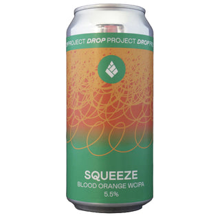Beer can with 'Squeeze' and 'Project Drop' branding on a dark background