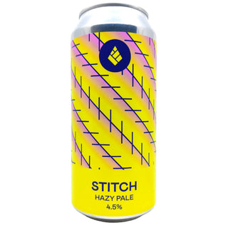 Beer can with yellow and pink design on a white background