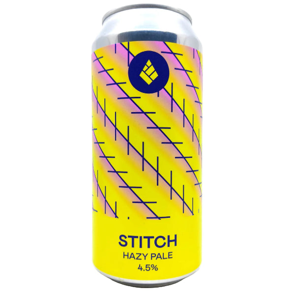Beer can with yellow and pink design on a white background