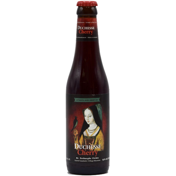 Bottle of Duchesse Cherry beer with a label featuring a portrait on a white background