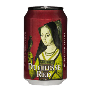 Duchesse Red beer can with a vintage-style illustration on a red background