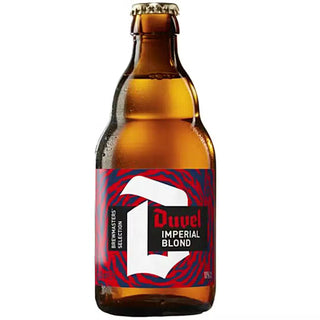 Duvel Imperial Blond beer bottle with a colorful label on a white background