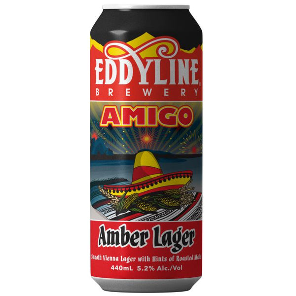 Eddyline Brewery Amigo Amber Lager can with colorful design on a white background