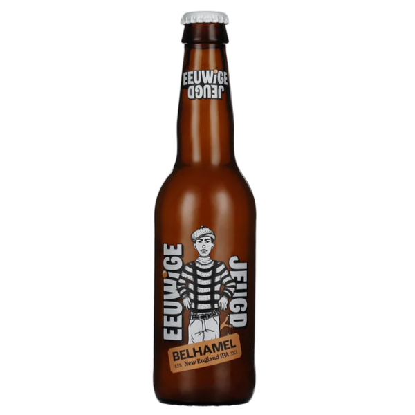 Brown beer bottle with a label on a white background