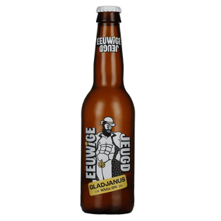 Brown beer bottle with a label on a white background