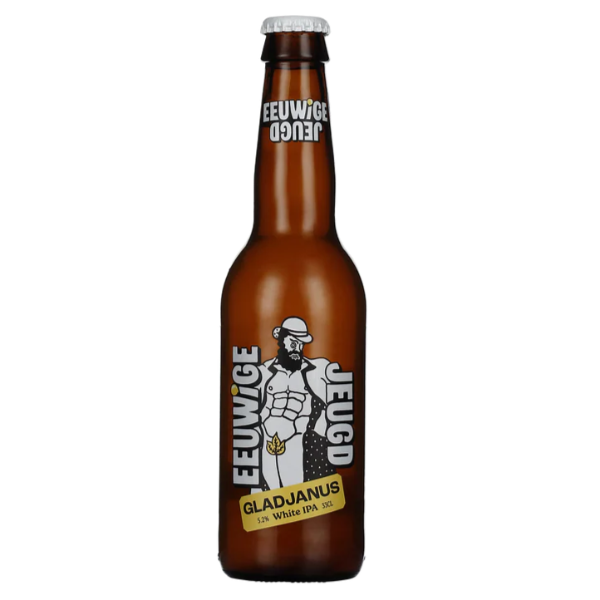 Brown beer bottle with a label on a white background