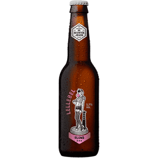 Brown beer bottle with a label on a white background